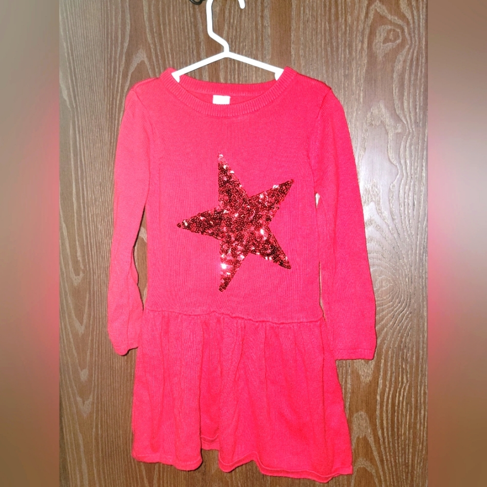 Cat and Jack XS girls long sleeve red sweater dress with sequin star NWT